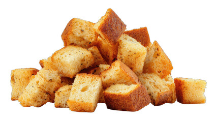A pile of golden-brown, seasoned bread cubes