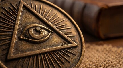 Eye of providence coin on burlap surface