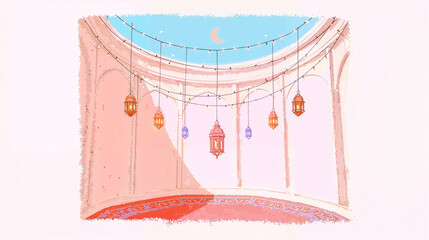 Ramadan Kareem background with Islamic arches, hanging lanterns, crescent moon, festive illustration