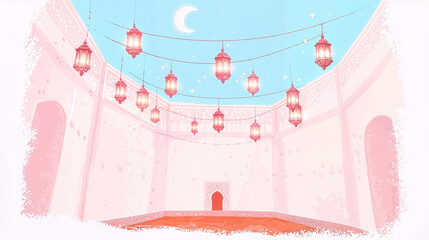 Ramadan Kareem background with Islamic arches, hanging lanterns, crescent moon, festive illustration