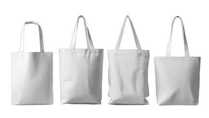 Four blank white canvas tote bags, arranged horizontally against a black backdrop