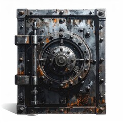 A rusted, aged, metal safe door, heavy, intricate, and secure