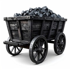 Wooden cart filled with dark, rough coal, isolated on white