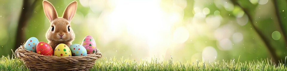 Cute brown bunny sitting in a basket with colorful Easter eggs in a vibrant spring setting