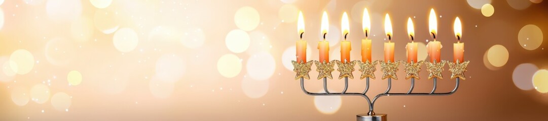 Beautiful Menorah with Colorful Candles Against Shimmering Background
