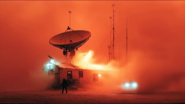 Man explores a mysterious desert base with a large satellite dish and glowing vehicle lights in an atmospheric, hazy environment.