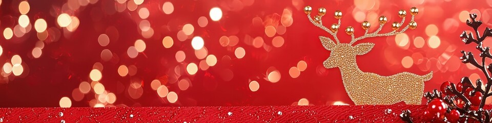 Festive Red Background with Glittering Reindeer and Sparkling Bokeh Lights