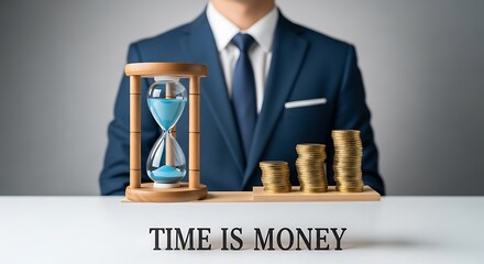 Businessman with Hourglass and Stacked Coins Symbolizing Time is Money Concept.