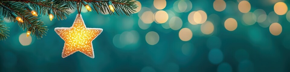 Shimmering Star Ornament Hanging from Pine Branch with Blurred Background Lights