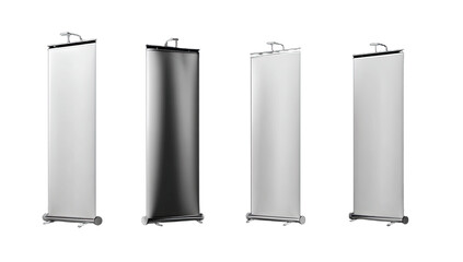 Four roll-up banner stands, two white, one black, one light gray