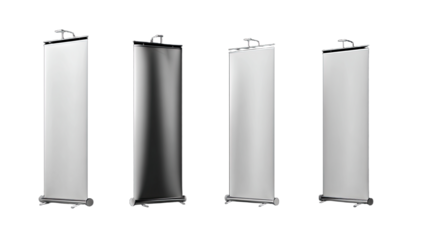 Four roll-up banner stands, two white, one black, one light gray