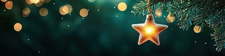 Shimmering Christmas Star Decoration Hanging Among Green Pine Needles with Bokeh Lights