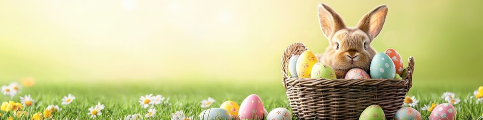 Cute Rabbit with Colorful Easter Eggs in a Basket Set on Lush Green Grass Field