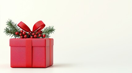 Red Gift Box with Green Sprigs and Red Berries for Holiday Celebrations