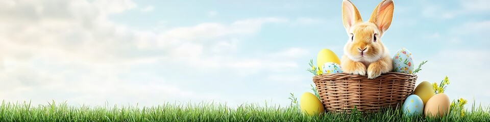 Cute Bunny Sitting in a Woven Basket Surrounded by Colorful Easter Eggs in Grass