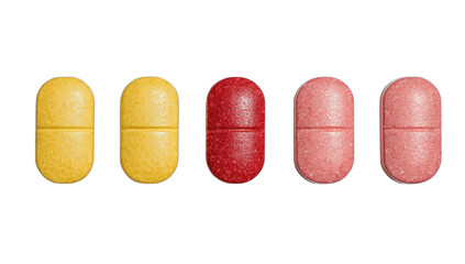 Five oval-shaped pills in a row, two yellow, three pinkish-red