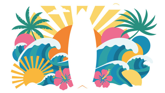 A vibrant summer surfing background with a blank surfboard silhouette for copy space, surrounded by ocean waves and palm trees. This tropical design is perfect for beach party or travel themes.