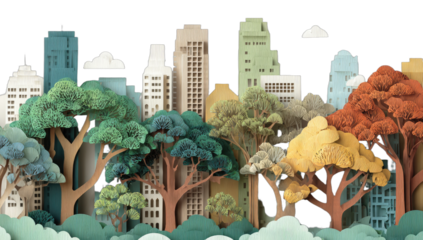 Whimsical paper-cutout cityscape with diverse, colorful trees in bloom