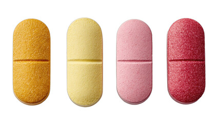 Four colorful oval pills, each with a scored line, against a black background