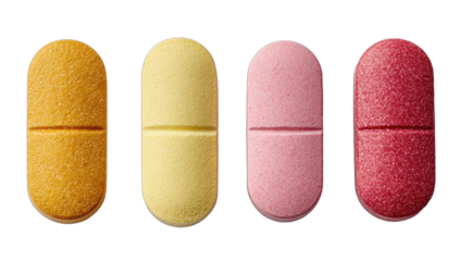 Four colorful oval pills, each with a scored line, against a black background