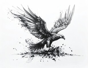 A detailed ink drawing of an eagle in flight with abstract splashes