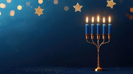 Beautiful Menorah with Blue Candles Against a Festive Background of Stars and Lights