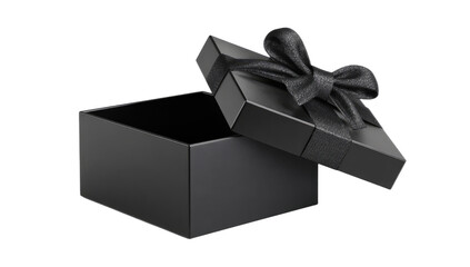 Elegant black gift box with satin ribbon, lid ajar, on black background