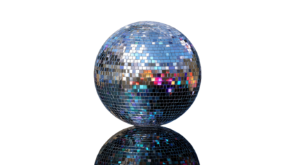 Shiny sphere with mirrored facets reflects colorful lights against a dark background
