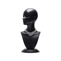 Elegant diamond necklace displayed on a dark mannequin bust against a black background