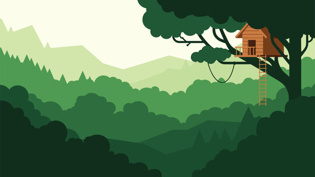 A whimsical flat design illustration of a cozy treehouse nestled in a large tree overlooking a lush green forest valley.