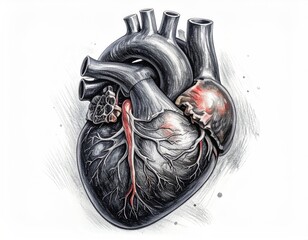 Anatomical illustration of a metallic human heart, detailed and sketched