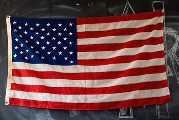 Vibrant American flag featuring red and white stripes and white stars on a blue field, displayed against a dark chalkboard background with chalk drawings.