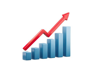 3D bar graph with upward trending red arrow, symbolizing growth