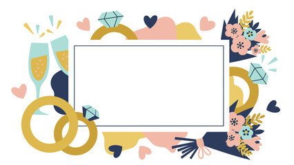 An elegant wedding invitation or announcement frame with copy space, decorated with diamond rings and flower bouquets. This romantic design is perfect for save-the-date cards and celebrations.