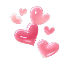Several shiny pink heart-shaped objects in various sizes floating