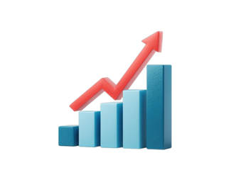 3D bar chart with upward trending red arrow against black background