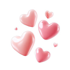 A cluster of glossy, pink, heart-shaped objects floats against a dark background