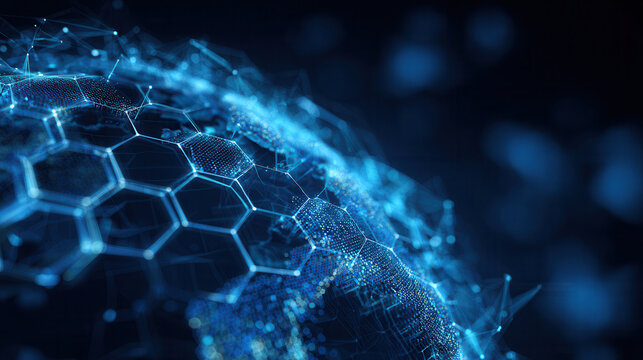 Digital globe made of hexagons showing technology and data in blue at night - Powered by Adobe