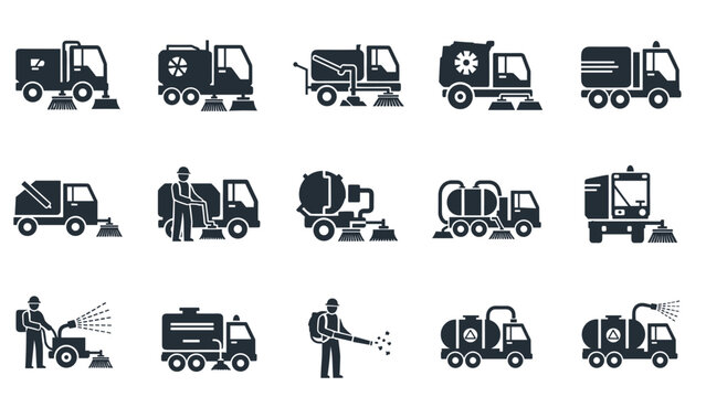 A collection of black icons for various municipal cleaning and sanitation vehicles, including street sweepers and sprinkler trucks.