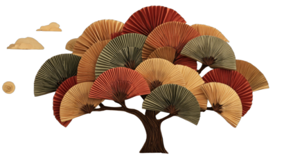 Artistic tree with fan-shaped foliage in warm autumn colors