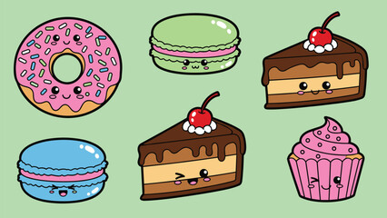 A sweet collection of cute kawaii dessert characters with smiling faces, including a donut, macarons, slices of chocolate cake, and a pink cupcake.