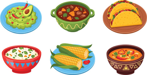 Mexican food illustration set featuring guacamole soup tacos rice corn and traditional dishes isolated on white background vector design