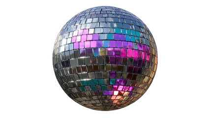 A spherical disco ball covered in reflective square tiles, with colorful light reflections