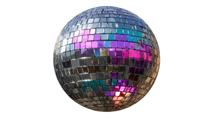 A spherical disco ball covered in reflective square tiles, with colorful light reflections