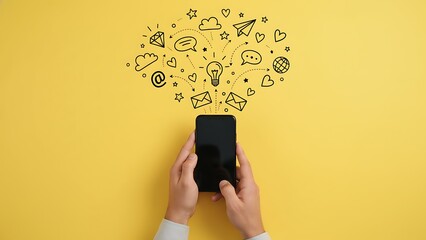 A young man holding a mobile phone and a glowing light bulb icon on the screen to represent a digital business innovation and communication technology concept

Would you like me to generate a similar 