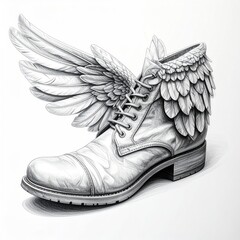 Detailed grayscale drawing of a boot with feathered wings sprouting from the top