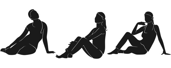 ilhouette Set of Women Sitting in Relaxed Poses Isolated on White Background