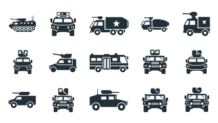 Obraz premium A collection of black silhouette icons for various armored military vehicles, including tanks, armored personnel carriers, and humvees.