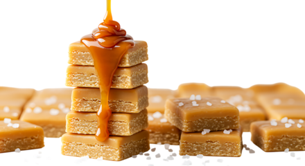 Salted caramel squares being drizzled with rich caramel sauce.