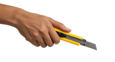 A hand holding a yellow utility knife for cutting purposes on a black background.